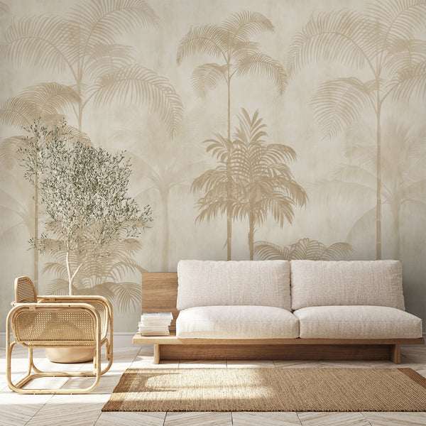 Neutral beige palm tree wall mural featuring delicate tropical trees and softly faded foliage for a modern living room or bedroom accent wall.
