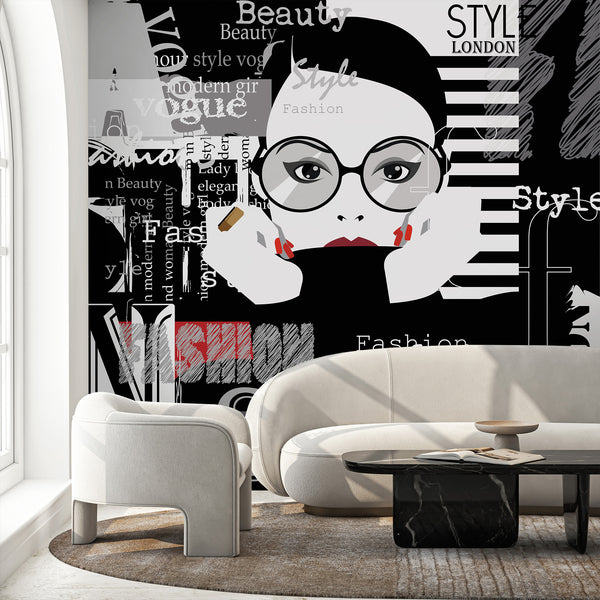 Close-up of editorial collage wallpaper with black, white, and red typographic elements, ideal for high-contrast accent walls.