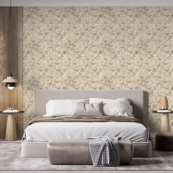 Beige Vintage Flowers Wallpaper S076 - CostaCover - Peel and stick Removable Wallpaper - abstract wallpaper - accent wallpaper - adhesive wallpaper