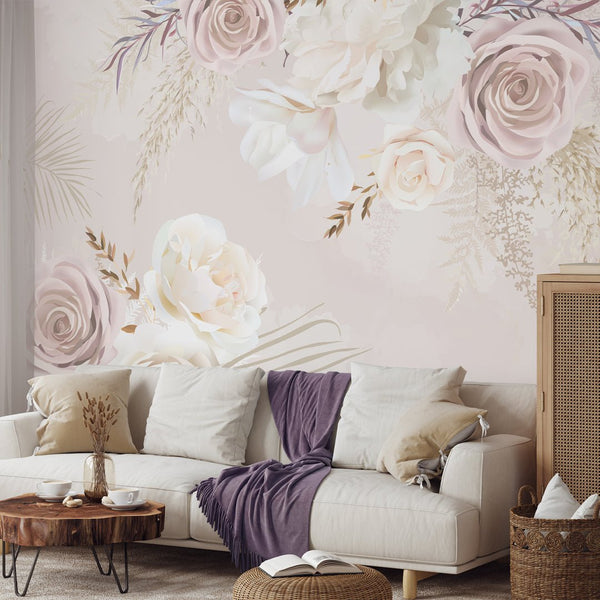 Soft Pink & White Flowers Wall Mural WM010 - CostaCover - Peel and stick Removable Wallpaper - baby bedroom - bathroom wallpaper - bedroom interior