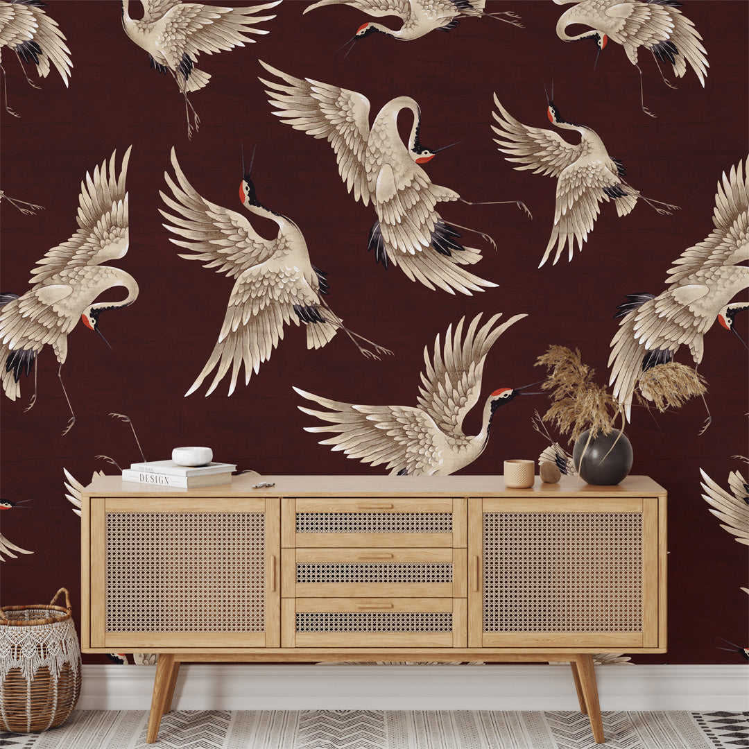 Flying Burgundy Japanese Cranes Wall Mural WM120
