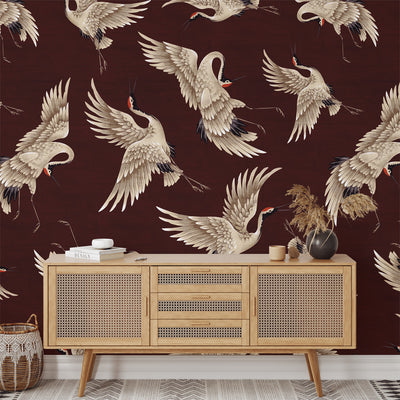 Flying Burgundy Japanese Cranes Wall Mural WM120
