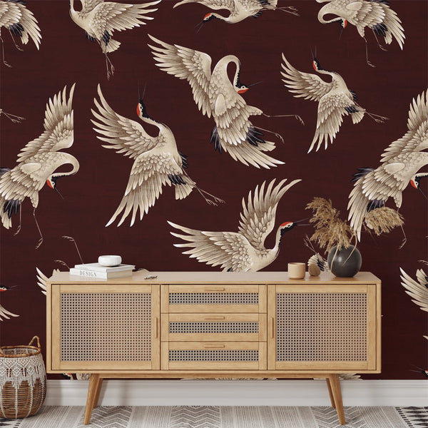 Flying Burgundy Japanese Cranes Wall Mural WM120 - CostaCover - Peel and stick Removable Wallpaper - accent wallpaper - adhesive wallpaper - animal texture