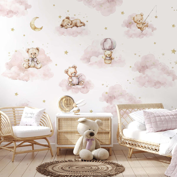Pink Clouds and Bears Wall Mural SM009 - CostaCover - Peel and stick Removable Wallpaper - abstract wall art - abstract wallpaper - accent wallpaper