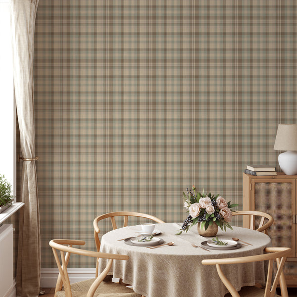 Vintage tartan wallpaper with overlapping beige and brown checkered stripes, subtle sage green accents, and fine zigzag detailing for farmhouse interiors.