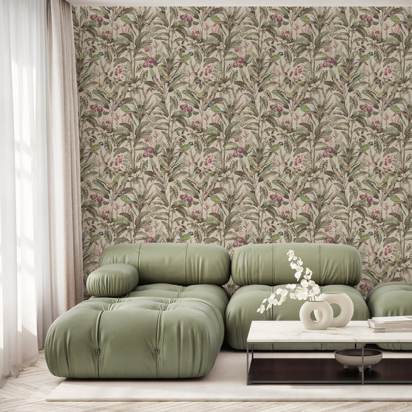 Tropical parrot wallpaper featuring colorful green birds, dusty pink flowers, banana leaves and layered jungle foliage in a vintage botanical style.