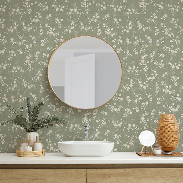 Close-up of Sage Green Floral Wallpaper showcasing the fine stems and tiny buds. The soft contrast between cream flowers and sage green background creates a serene, intimate setting, ideal for nurseries or cozy studies.