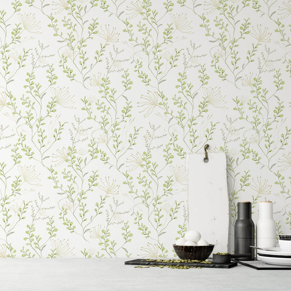 Green Wildflowers Wallpaper W046 - CostaCover - Peel and stick Removable Wallpaper - accent wallpaper - adhesive wallpaper - art deco bathroom