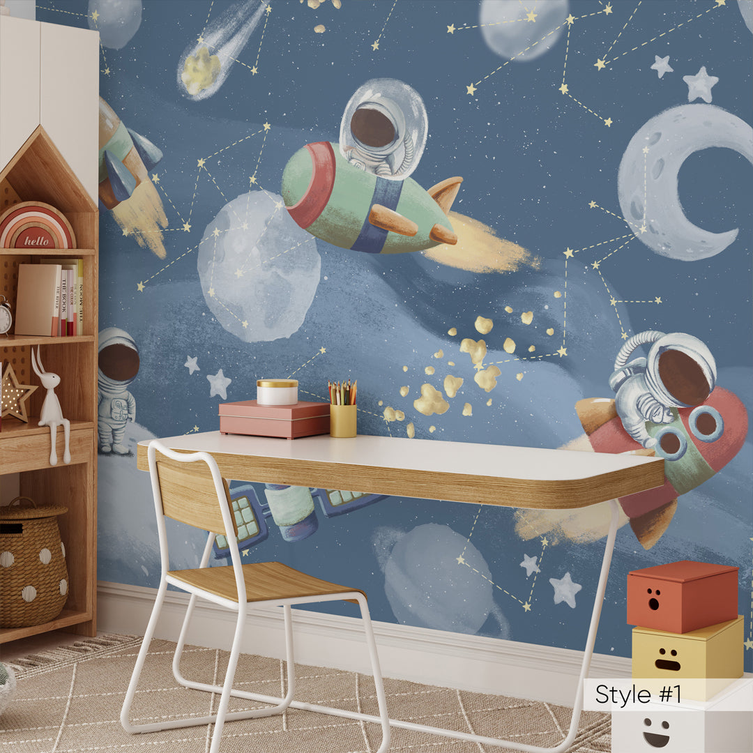 Pastel Gray, Blue Space with Astronauts Self Adhesive Wall Mural WM076