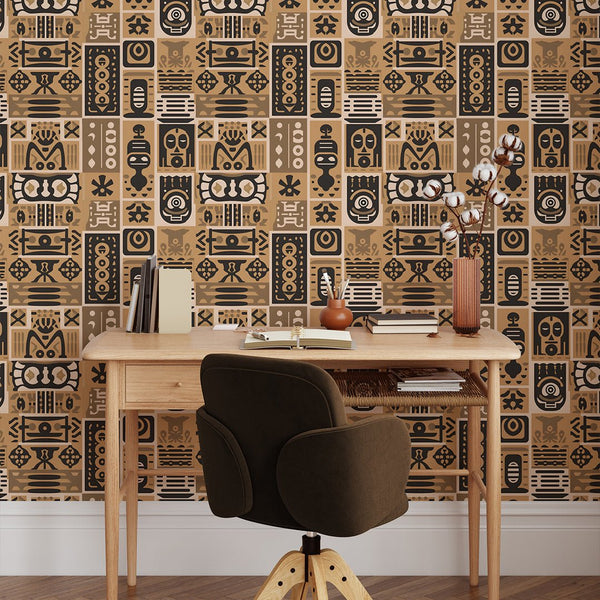 Beige Brown African Symbols Wallpaper W162 - CostaCover - Peel and stick Removable Wallpaper - abstract wallpaper - accent wallpaper - adhesive wallpaper