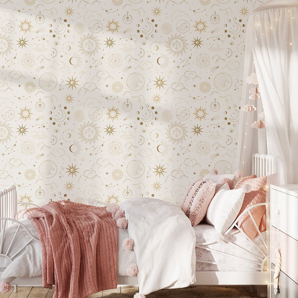 Cream Sky & Сonstellation Wallpaper W067 - CostaCover - Peel and stick Removable Wallpaper - abstract wall art - abstract wallpaper - accent wallpaper