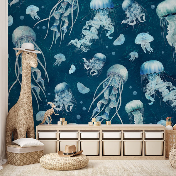 Blue Neon Jellyfish Wall Mural SM063 - CostaCover - Peel and stick Removable Wallpaper - accent wallpaper - adhesive wallpaper - baby bedroom