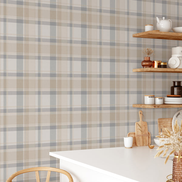 Vintage country plaid wallpaper with intersecting dusty blue gray and beige stripes, creating a cozy English cottage aesthetic with woven texture.