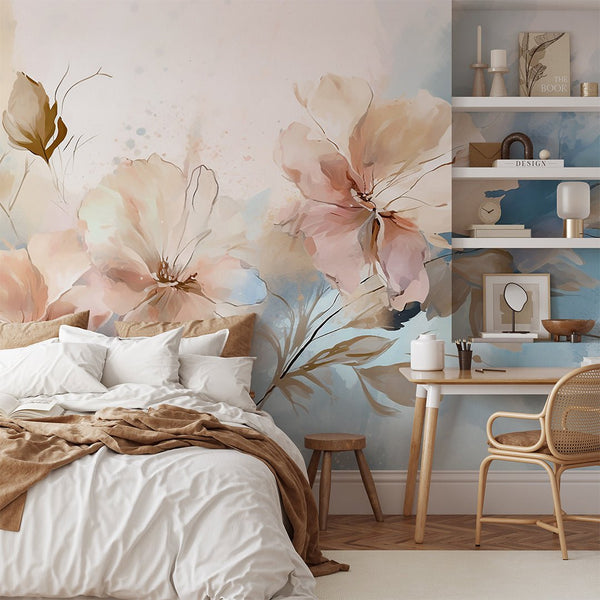 Beige & Blue Painting Flowers Wall Mural CCM154 - CostaCover - Peel and stick Removable Wallpaper - accent wallpaper - adhesive wallpaper - bathroom wallpaper