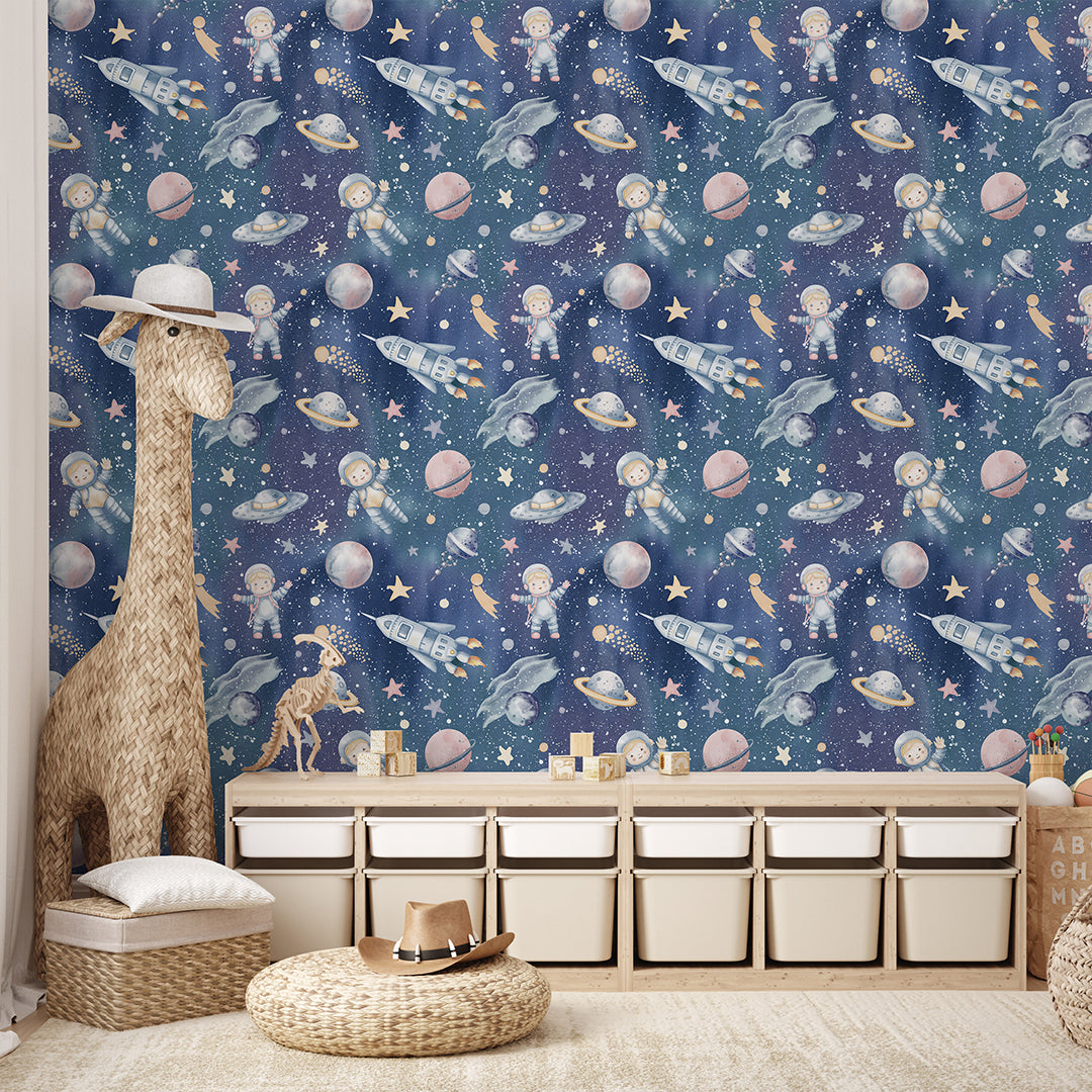 Dark Blue Astronauts & Planets Wallpaper S119