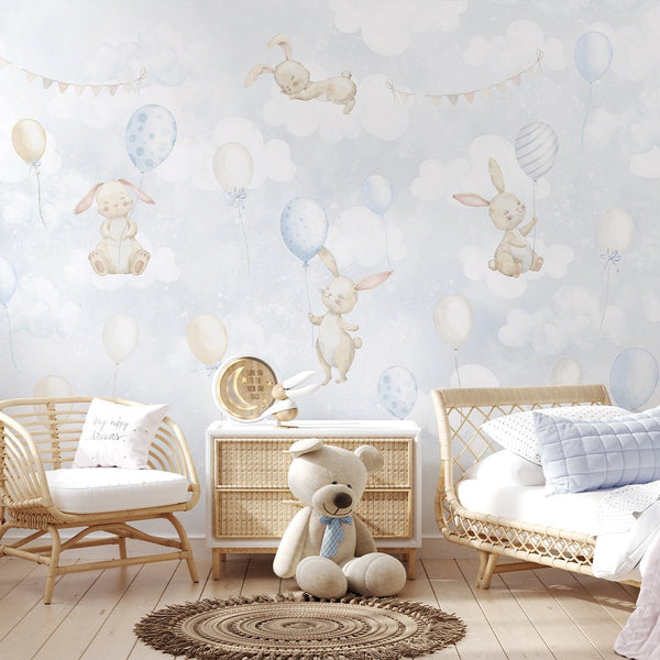 Blue Bunny & Balloons Wall Mural SM080 - CostaCover - Peel and stick Removable Wallpaper - abstract wall art - abstract wallpaper - accent wallpaper