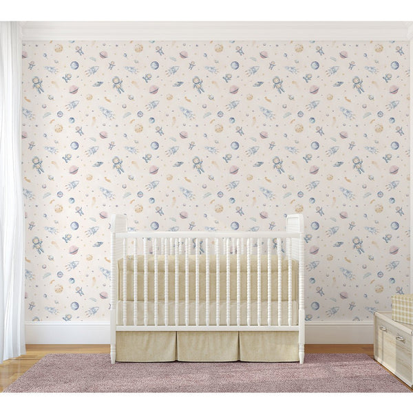 Beige Astronauts & Rockets Wallpaper S123 - CostaCover-Peel and stick Removable Wallpaper-accent wallpaper-adhesive wallpaper-baby bedroom