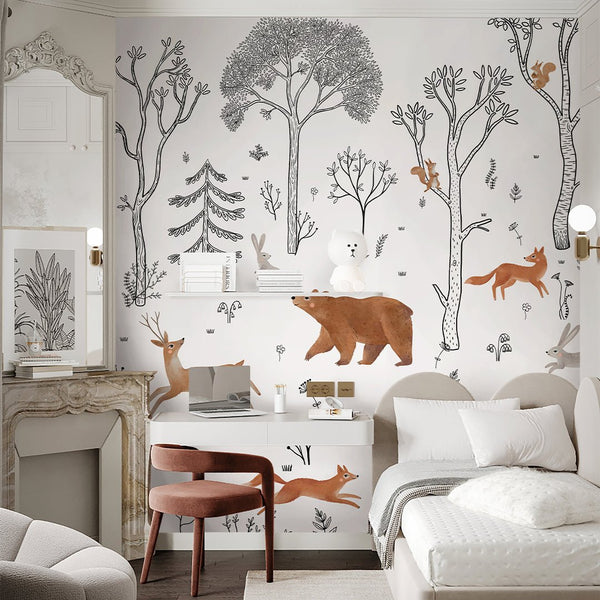 Black White Beige Forest Animals Wall Mural SM015 - CostaCover - Peel and stick Removable Wallpaper - accent wallpaper - adhesive wallpaper - animal print