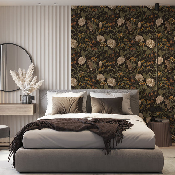 Rich botanical wallpaper with peony-like blooms and berry sprigs, creating a collected feel for traditional interiors.
