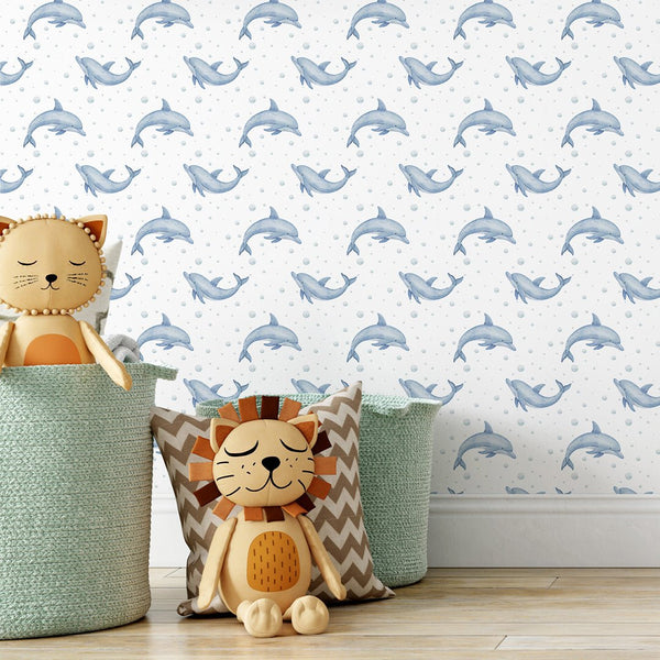 Blue Tiny Dolphins Wallpaper S086 - CostaCover - Peel and stick Removable Wallpaper - accent wallpaper - adhesive wallpaper - baby bedroom