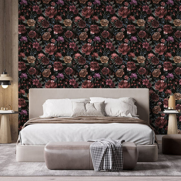 Dark Vintage Flowers Wallpaper S063 - CostaCover - Peel and stick Removable Wallpaper - accent wallpaper - adhesive wallpaper - bathroom wallpaper