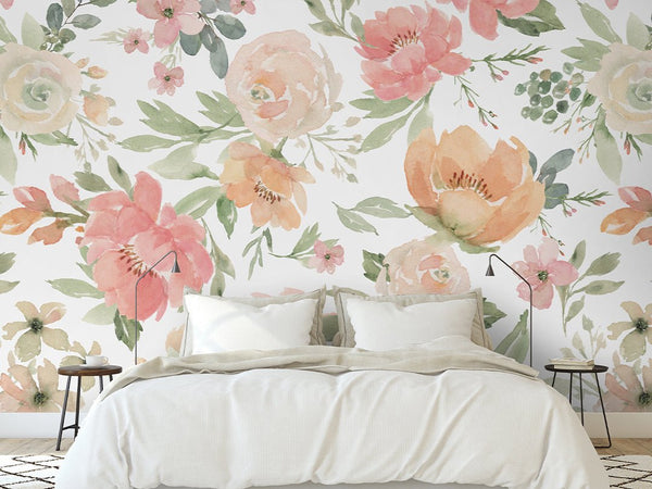 Pink Orange & Green Flowers Wall Mural WM001 - CostaCover - Peel and stick Removable Wallpaper - accent wallpaper - adhesive wallpaper - bathroom wallpaper