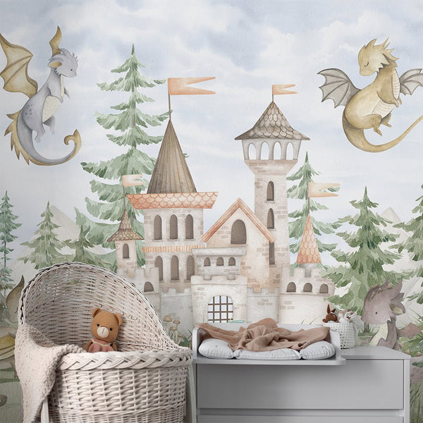 Dragons Castle in Forest Wall Mural SM038 - CostaCover - Peel and stick Removable Wallpaper - accent wallpaper - adhesive wallpaper - baby bedroom