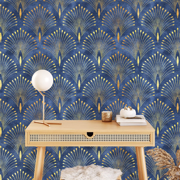 Blue Gold Art Deco Wallpaper CC286 - CostaCover - Peel and stick Removable Wallpaper - abstract wallpaper - accent wallpaper - adhesive wallpaper