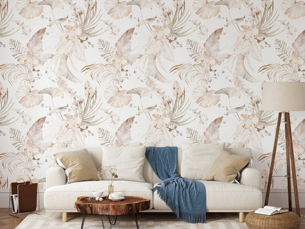 Tropical Bouquet Boho Wallpaper W005 - CostaCover - Peel and stick Removable Wallpaper - baby bedroom - bedroom interior - bedroom wallpaper