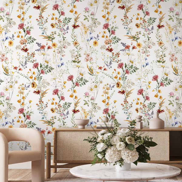 Elegant Red Yellow Wildflowers Wallpaper S074 - CostaCover - Peel and stick Removable Wallpaper - accent wallpaper - adhesive wallpaper - bathroom wallpaper