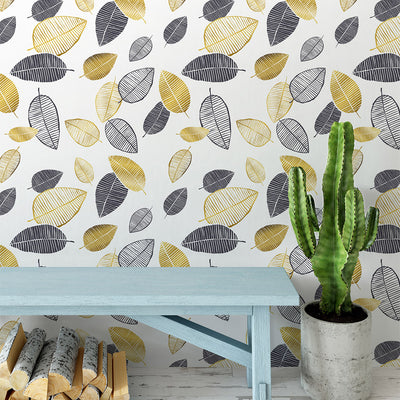 Self Adhesive Scandinavian Style Hand Drawn Leaves Removable Wallpaper CC164