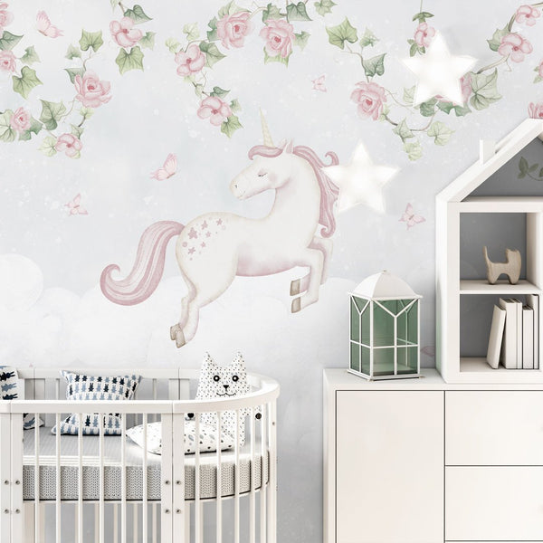 Flying Unicorn in Bloom Wall Mural AM146 - CostaCover-Peel and stick Removable Wallpaper-accent wallpaper-adhesive wallpaper-baby bedroom