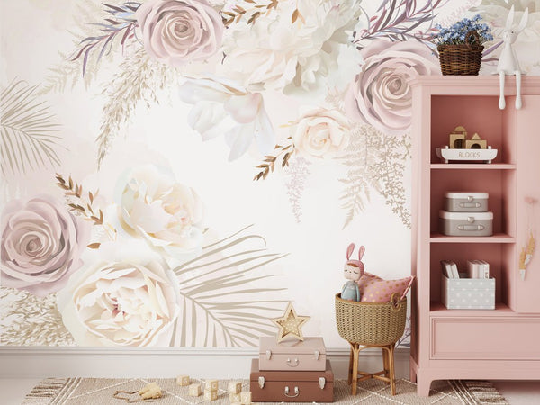 White & Soft Pink Flowers Wall Mural WM007 - CostaCover - Peel and stick Removable Wallpaper - baby bedroom - bedroom interior - bedroom wallpaper
