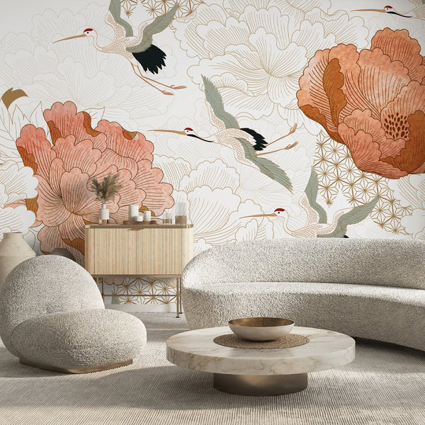 Flying Japanese Cranes Wall Mural WM121 - CostaCover - Peel and stick Removable Wallpaper - Abstract - abstract floral - abstract lines