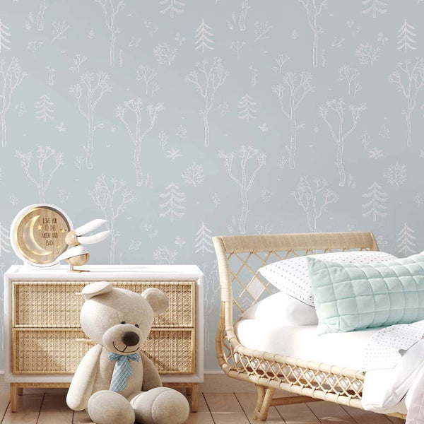 Blue White Tree Forest Wallpaper S047 - CostaCover - Peel and stick Removable Wallpaper - abstract forest - abstract lines - abstract wall art