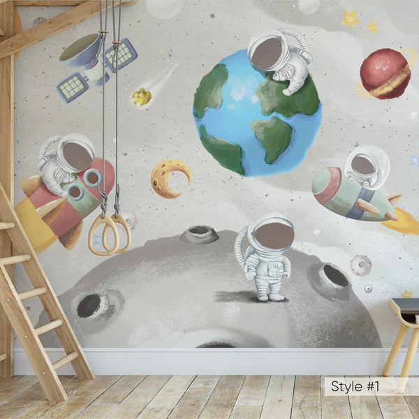 Space World & Astronauts Wall Mural WM077 - CostaCover - Peel and stick Removable Wallpaper - abstract wallpaper - adhesive wallpaper - aqua blue