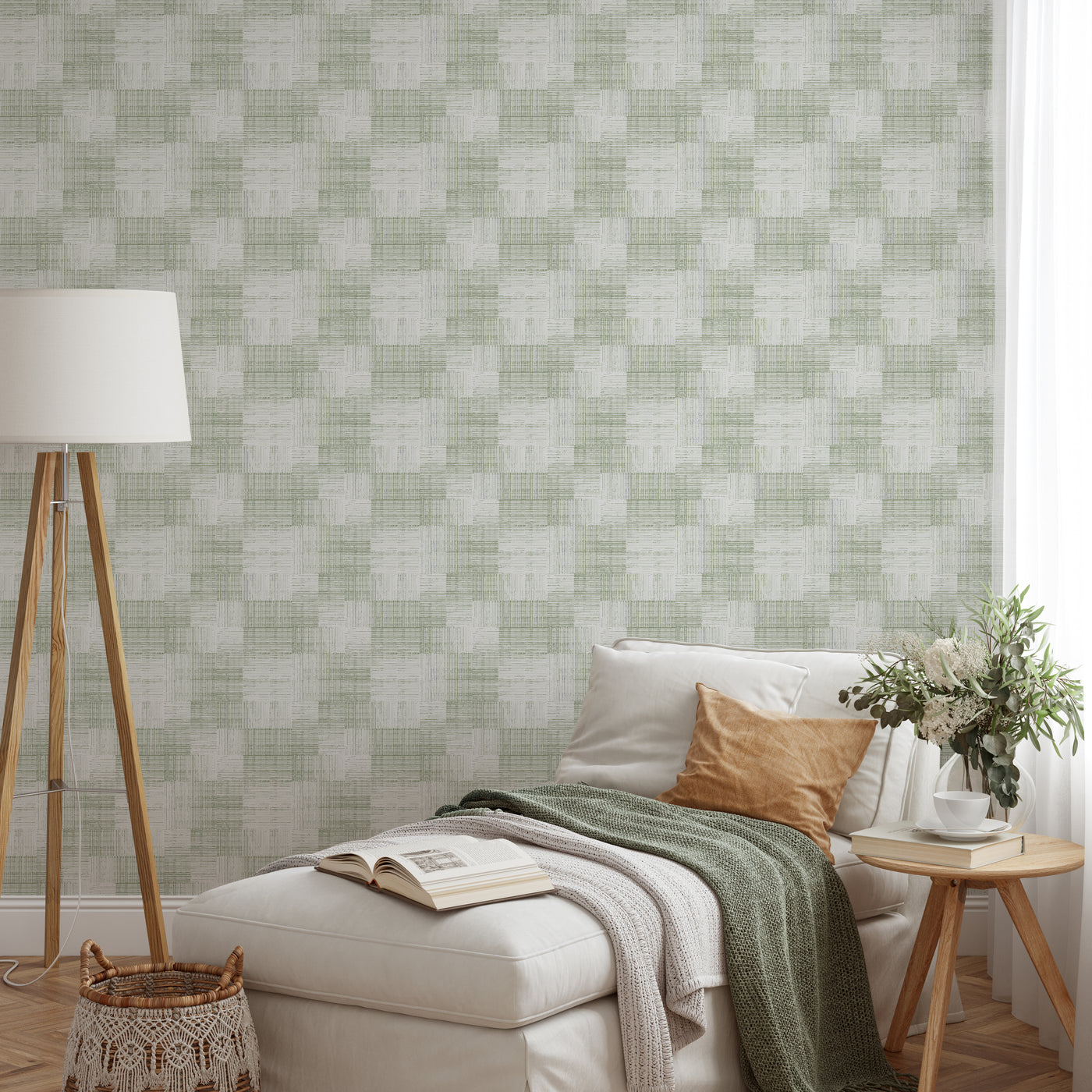 Soft Green Checker Grasscloth Wallpaper CG024
