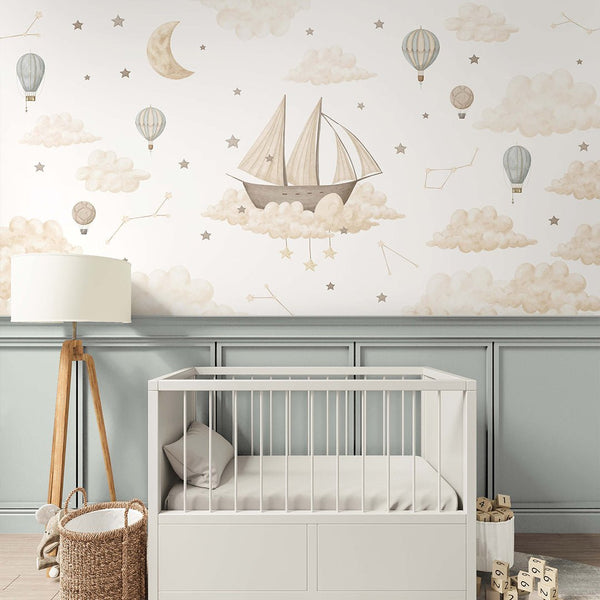 Ship Moon Cloud Star Wall Mural SM008 - CostaCover - Peel and stick Removable Wallpaper - accent wallpaper - adhesive wallpaper - air balloon