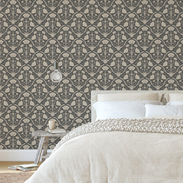Pre-pasted wallpaper with dark vintage theme, providing a structured backdrop for Arts and Crafts or cottage decor.
