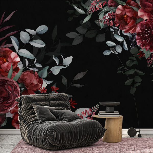 Dark Burgundy Flowers Bouquet Wall Mural SM031 - CostaCover - Peel and stick Removable Wallpaper - accent wallpaper - adhesive wallpaper - bathroom wallpaper