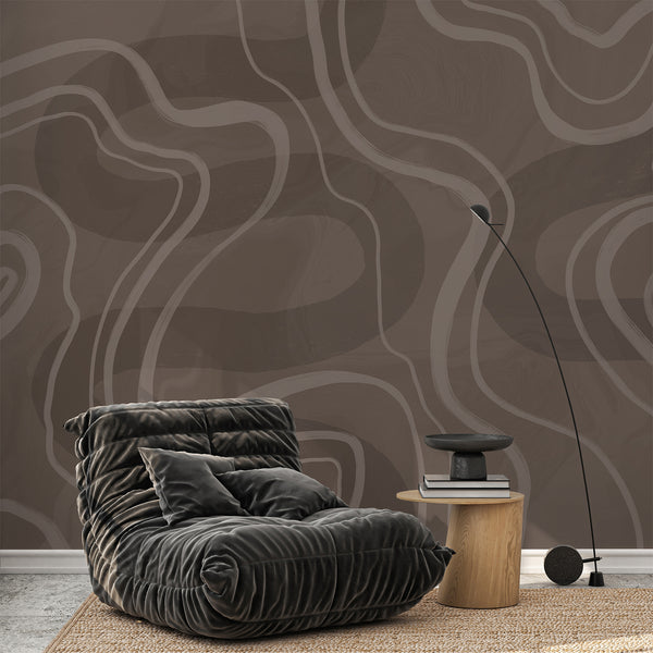 Modern abstract wallpaper featuring flowing beige lines across a textured brown and taupe background for minimalist living room wall decor.