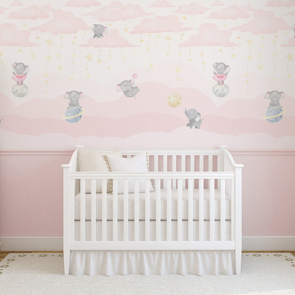 Pink Elephant Nursery Wall Mural LM010