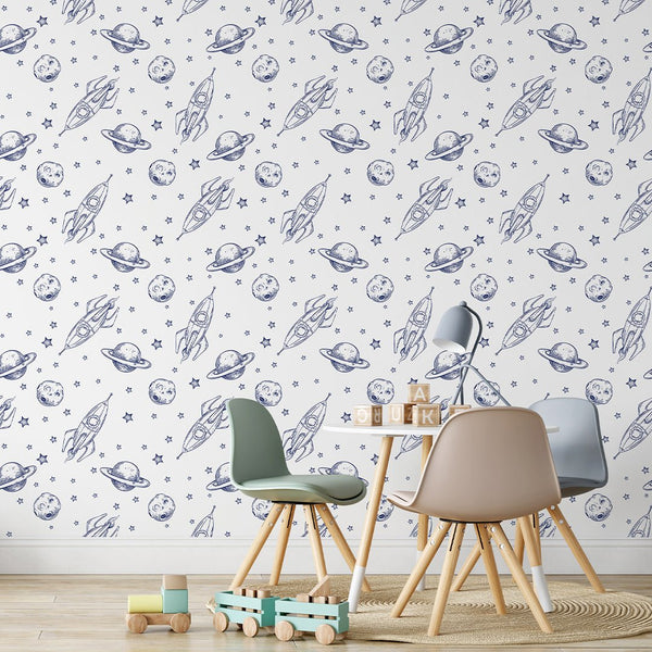 Line Art Spaceship & Planet Wallpaper S130 - CostaCover-Peel and stick Removable Wallpaper-abstract wall art-accent wallpaper-adhesive wallpaper