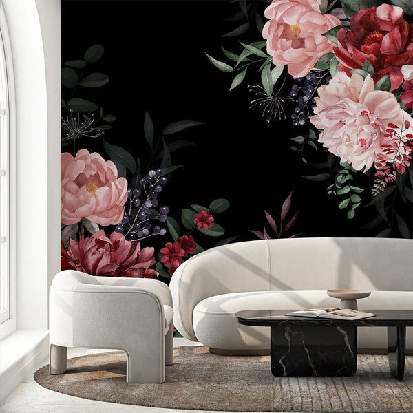 Dark Pink Red Flowers Bouquet Wall Mural SM030 - CostaCover - Peel and stick Removable Wallpaper - abstract floral - accent wallpaper - adhesive wallpaper
