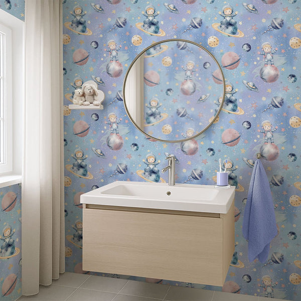 Blue Astronauts & Planets Wallpaper S117 - CostaCover-Peel and stick Removable Wallpaper-accent wallpaper-adhesive wallpaper-bathroom wallpaper
