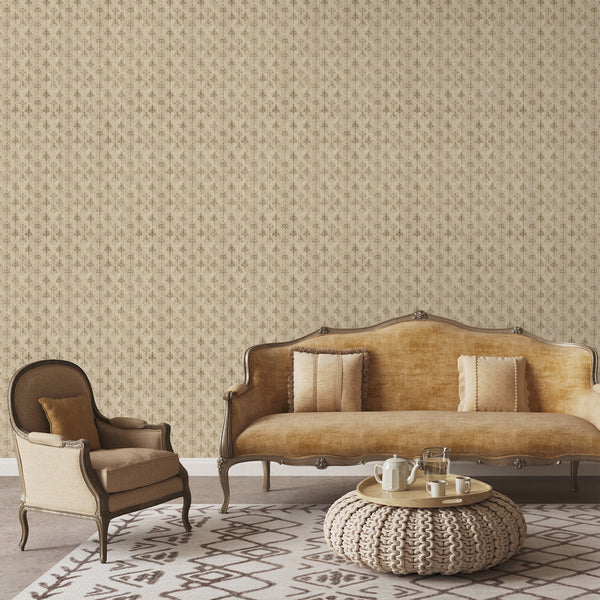 Beige and antique gold peel and stick wallpaper with elegant damask motifs and a weathered finish for bedroom, living room or dining room walls.