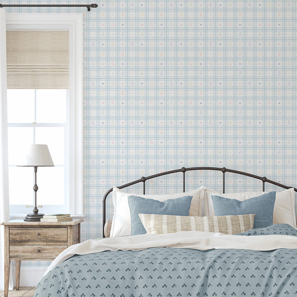 Blue Plaid Floral Wallpaper L148