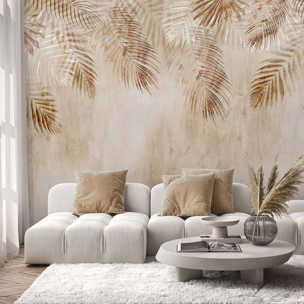 Abstract Beige Tropical Leaves Wall Mural CCM200