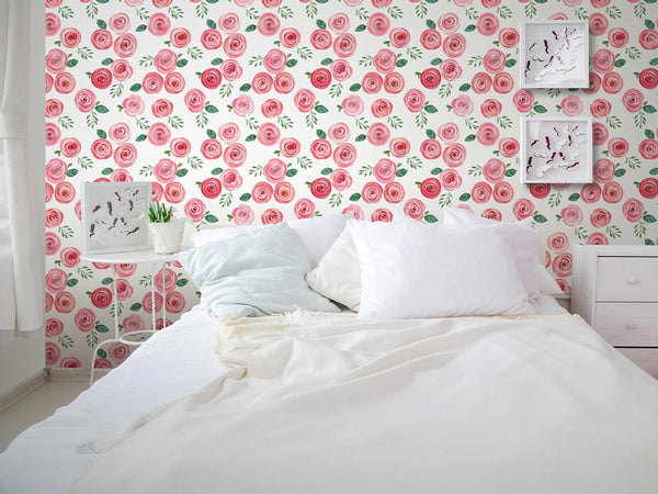 Red Pink Roses Wallpaper CC138 - CostaCover - Peel and stick Removable Wallpaper - adhesive wallpaper - Backsplash panels - bathroom wallpaper