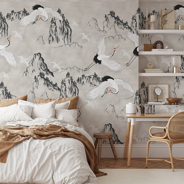 Chinoiserie Crane & Mountains Grasscloth Wall Mural CG003 - CostaCover - Traditional Wallpaper - accent wallpaper - bathroom wallpaper - bedroom wallpaper